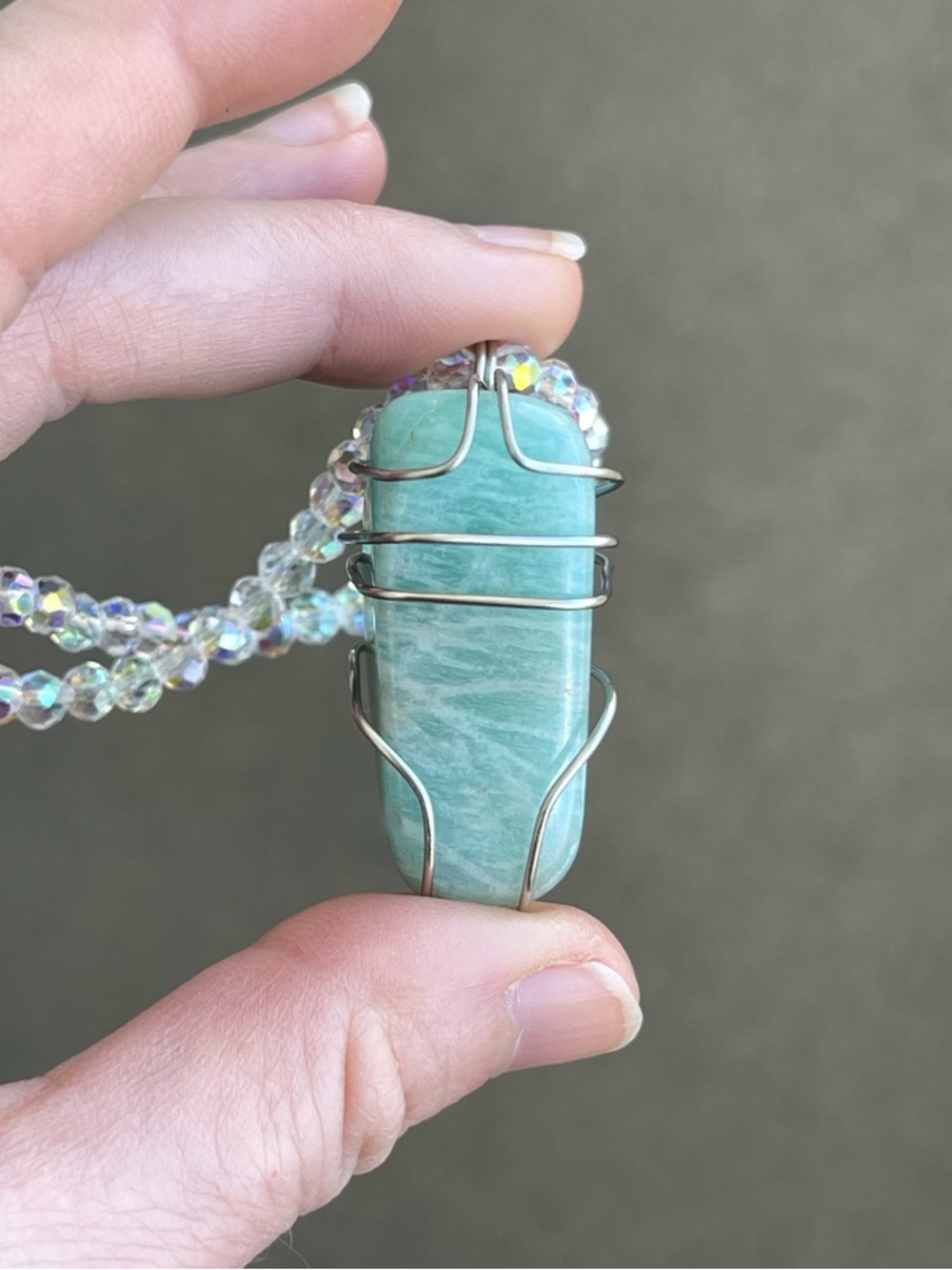 Amazonite Stainless Steel Silver Wire Wrap & White AB Glass Beaded Necklace